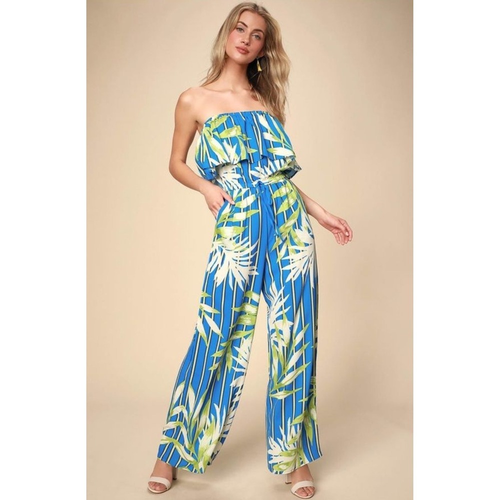 Lulus Blue Tropical Stripe Strapless Wide Leg Jumpsuit Large Ruffle Summer (711)